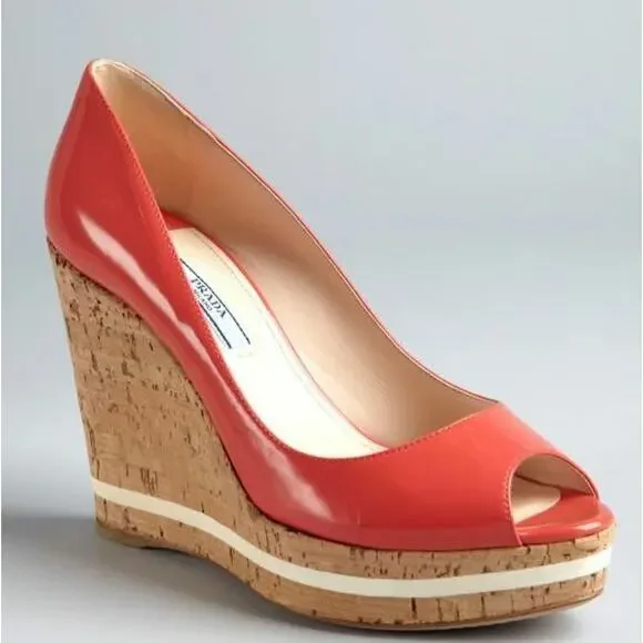 Prada Pink Patent Platform Wedge Heel Espadrille Peep Pumps - Picture 12 of 12